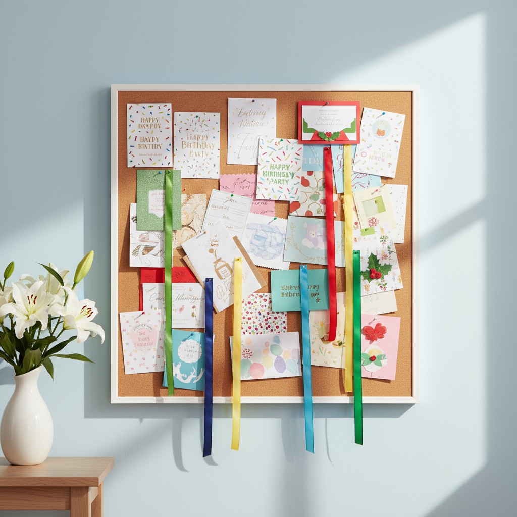 A bulletin board filled with colorful birthday and party cards hangs on the wall, illuminated by sunlight and featuring a ...