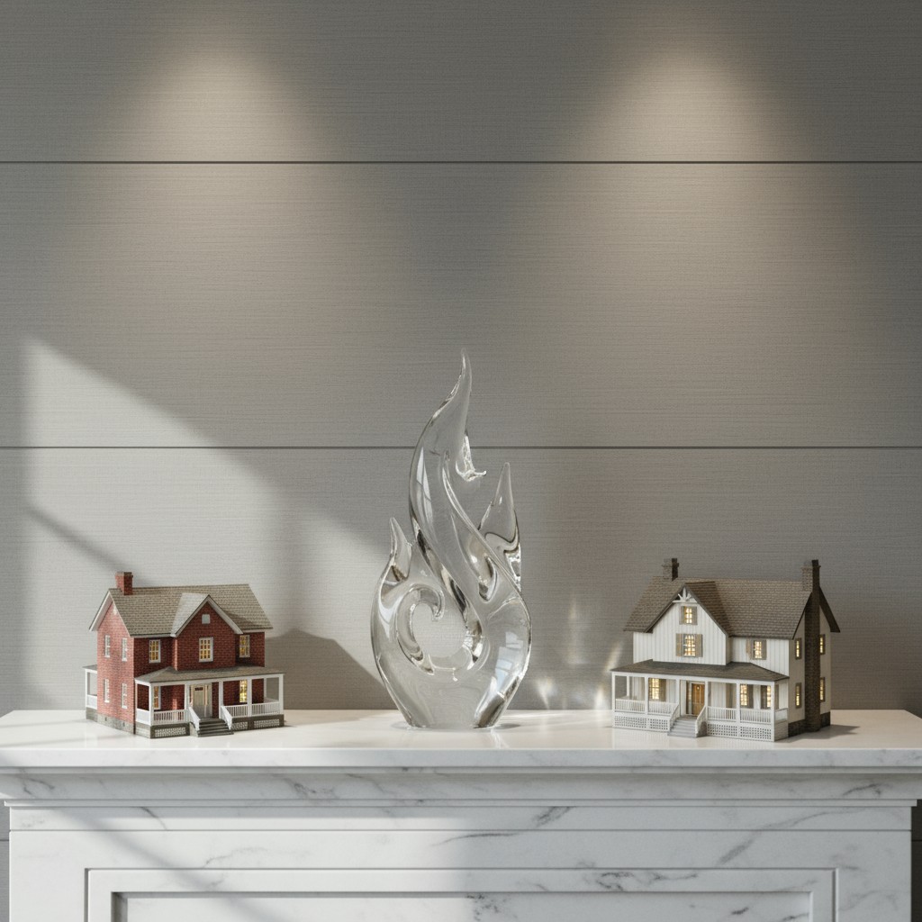 A fireplace mantle adorned with a crystal sculpture and two model houses, set against a light gray background.